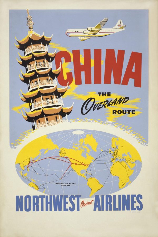 China Vintage Travel Poster - Northwest Orient Airlines, Overland Route, 1950s Mid-Century Aviation, Chinese Pagoda, Global Air Travel Art