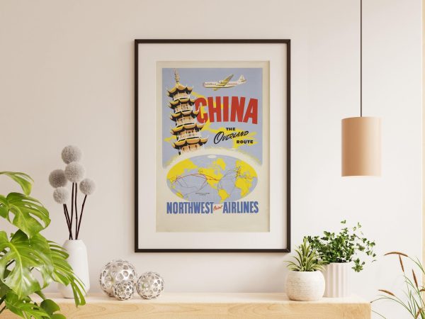 China Vintage Travel Poster - Northwest Orient Airlines, Overland Route, 1950s Mid-Century Aviation, Chinese Pagoda, Global Air Travel Art