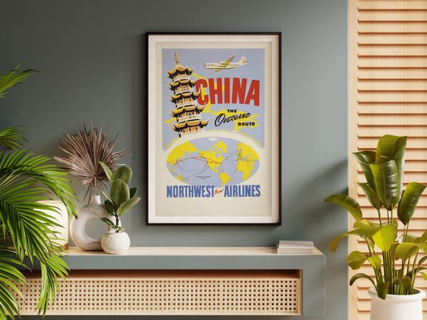 China Vintage Travel Poster - Northwest Orient Airlines, Overland Route, 1950s Mid-Century Aviation, Chinese Pagoda, Global Air Travel Art