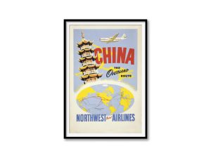 China Vintage Travel Poster – Northwest Orient Airlines, Overland Route, 1950s Mid-Century Aviation, Chinese Pagoda, Global Air Travel Art