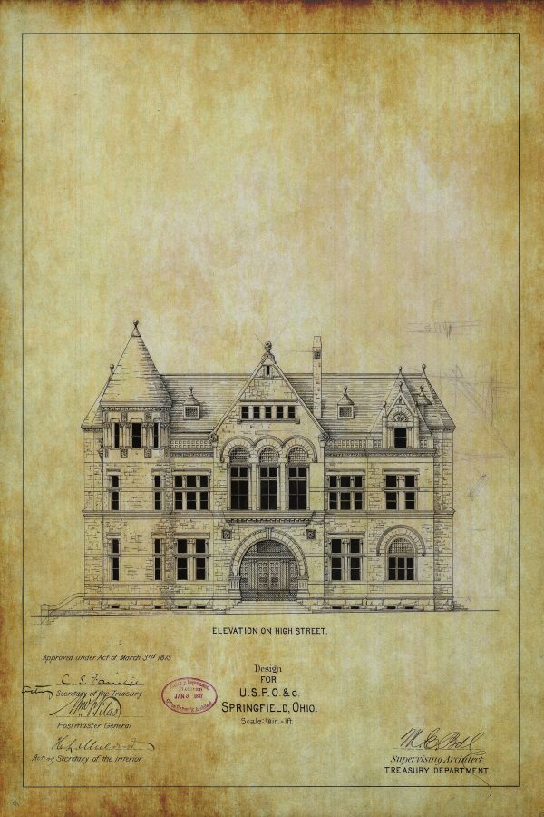 Springfield Ohio Courthouse & Post Office Blueprint, Courthouse Blueprint, Courthouse Drawing, Law Firm Decor, Office Decor, Blueprint Decor