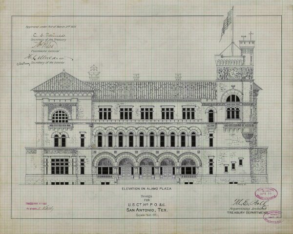 San Antonio Texas Courthouse & Post Office Elevation Drawing - Courthouse Poster Print, Courthouse Drawing, Law Firm Decor, Court Drawing