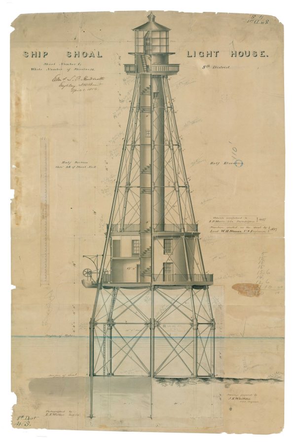 Ship Shoal Lighthouse Blueprint - Louisiana Lighthouse, Ship Shoal Lighthouse, Lighthouse Print, Maritime Poster, Beach House Decor