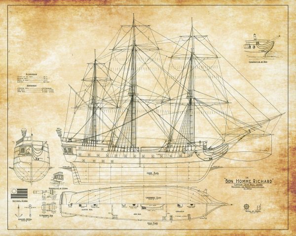 Bonne Homme Richard Sail Ship Blueprint 1765 - Ship Blueprint, Sail Ship Drawing, Boat Blueprint, Old Ship Blueprint, Sail Ship Poster