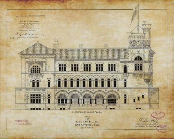 San Antonio Texas Courthouse & Post Office Elevation Drawing - Courthouse Poster Print, Courthouse Drawing, Law Firm Decor, Court Drawing