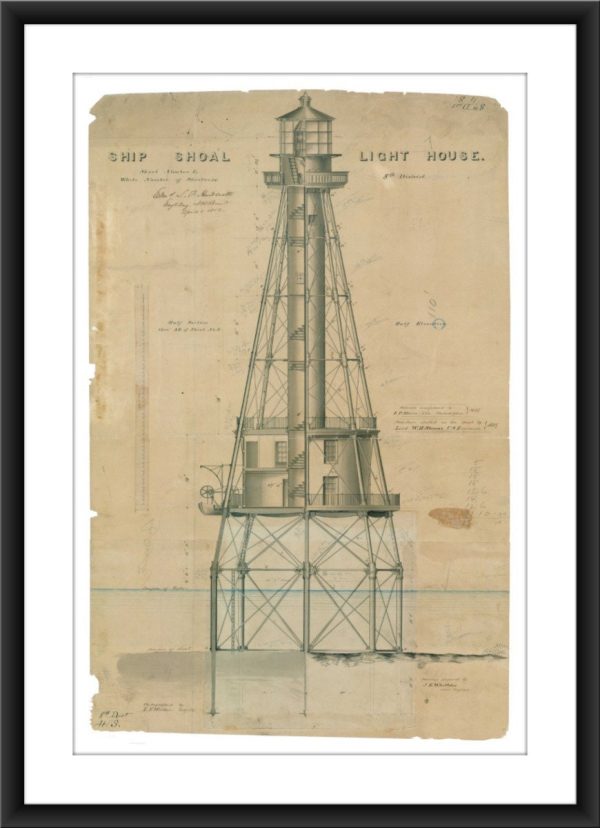 Ship Shoal Lighthouse Blueprint - Louisiana Lighthouse, Ship Shoal Lighthouse, Lighthouse Print, Maritime Poster, Beach House Decor