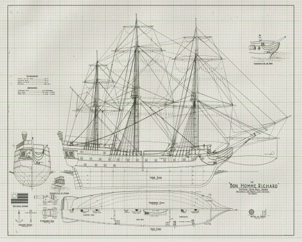 Bonne Homme Richard Sail Ship Blueprint 1765 - Ship Blueprint, Sail Ship Drawing, Boat Blueprint, Old Ship Blueprint, Sail Ship Poster