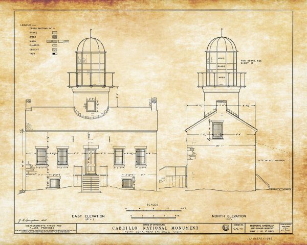 Old Point Loma Lighthouse Blueprint - Cabrillo National Monument Lighthouse, Nautical Poster, Beach House Decor, Lighthouse Poster Print