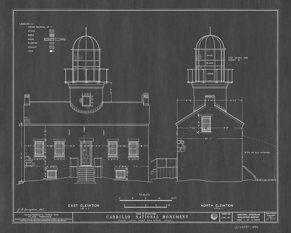 Old Point Loma Lighthouse Blueprint - Cabrillo National Monument Lighthouse, Nautical Poster, Beach House Decor, Lighthouse Poster Print