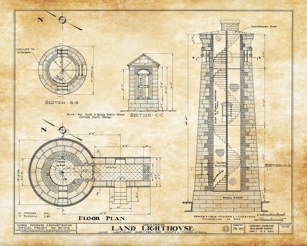 Erie Land Lighthouse Blueprint - Erie Land Light, Nautical Poster, Beach House Decor, Lighthouse Poster Print, Old Presque Isle Lighthouse