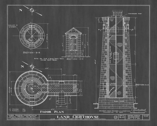 Erie Land Lighthouse Blueprint - Erie Land Light, Nautical Poster, Beach House Decor, Lighthouse Poster Print, Old Presque Isle Lighthouse