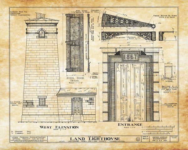 Erie Land Lighthouse Detail Blueprint - Nautical Poster, Beach House Decor, Lighthouse Poster Print, Old Presque Isle Lighthouse