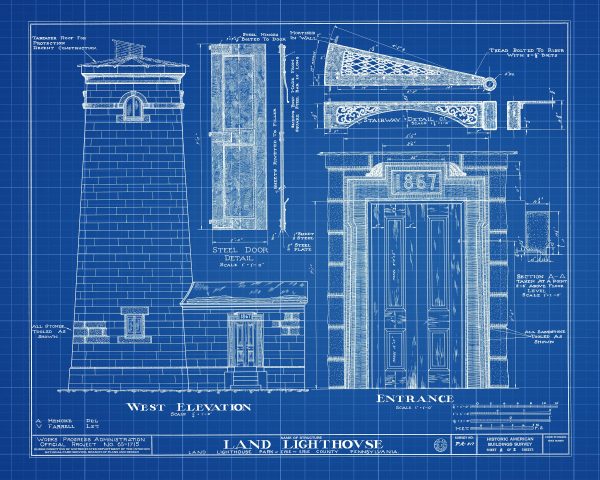 Erie Land Lighthouse Detail Blueprint - Nautical Poster, Beach House Decor, Lighthouse Poster Print, Old Presque Isle Lighthouse