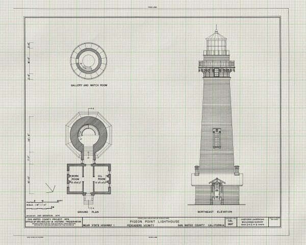 Pigeon Point Lighthouse Blueprint - Lighthouse Print, Nautical Poster, Beach House Decor, Lighthouse Poster, Pigeon Point Light Station