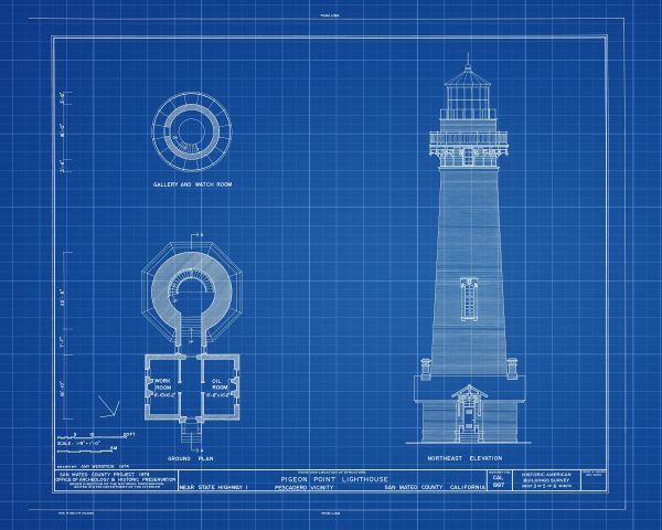 Pigeon Point Lighthouse Blueprint - Lighthouse Print, Nautical Poster, Beach House Decor, Lighthouse Poster, Pigeon Point Light Station