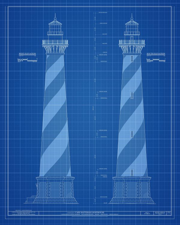 Cape Hatteras Lighthouse Blueprint - Nautical Poster, Beach House Decor, Lighthouse Poster Print, North Carolina Lighthouse, Hatteras Island