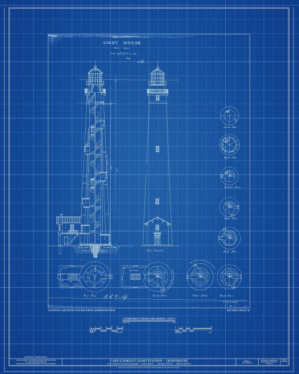 Cape Lookout Lighthouse Blueprint - North Carolina Lighthouse, Nautical Poster, Beach House Decor, Outer Banks Lighthouse Poster Print