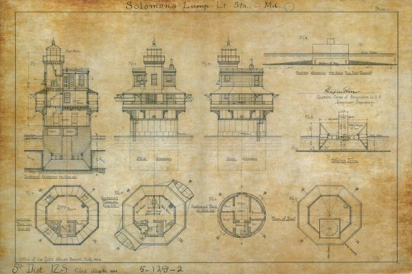 Solomons Lump Lighthouse Blueprint - Chesapeake Bay Lighthouse, Lighthouse Print, Maritime Poster, Beach House Decor, Lighthouse Poster