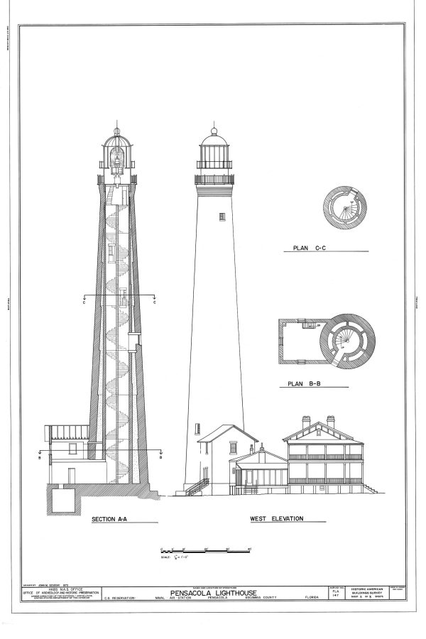 Pensacola Light Lighthouse Blueprint - Lighthouse Print, Maritime Poster, Beach House Decor, Lighthouse Poster, Pensacola Bay Lighthouse