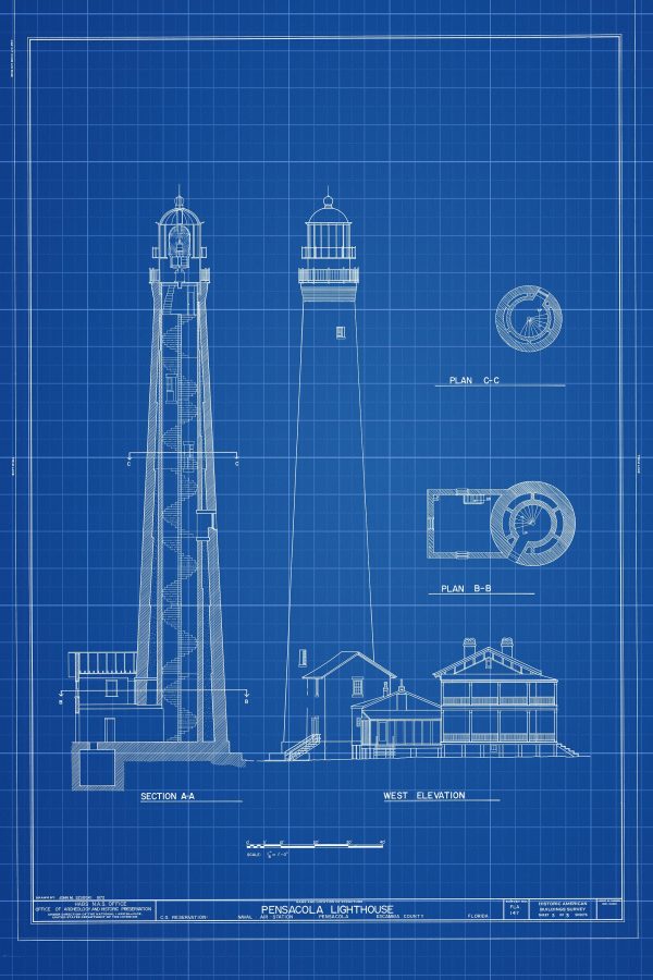 Pensacola Light Lighthouse Blueprint - Lighthouse Print, Maritime Poster, Beach House Decor, Lighthouse Poster, Pensacola Bay Lighthouse