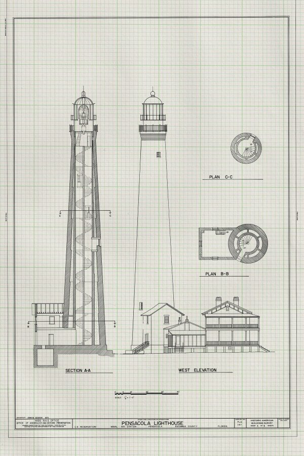 Pensacola Light Lighthouse Blueprint - Lighthouse Print, Maritime Poster, Beach House Decor, Lighthouse Poster, Pensacola Bay Lighthouse