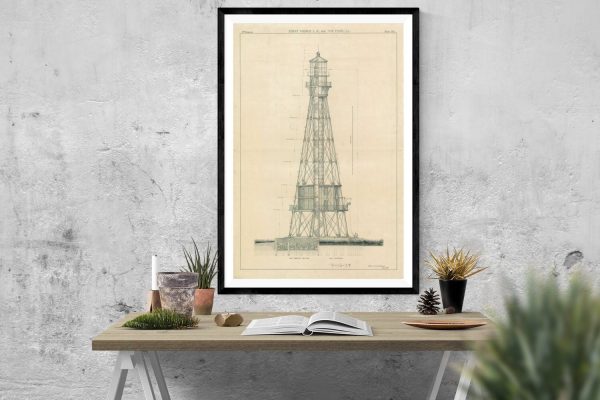 1871 Southwest Pass Lighthouse Blueprint - Louisiana Lighthouse, Lighthouse Print, Maritime Poster, Beach House Decor, Lighthouse Poster