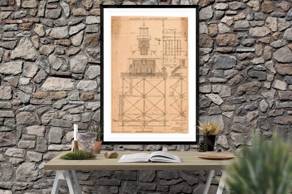 Galveston Jetty Lighthouse Blueprint - Texas Lighthouse, Lighthouse Print, Maritime Poster, Beach House Decor, Lighthouse Poster