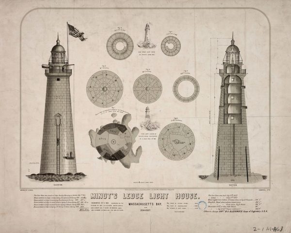 Minot's Ledge Lighthouse Blueprint - Massachusetts Lighthouse, Lighthouse Print, Maritime Poster, Beach House Decor, Lighthouse Poster