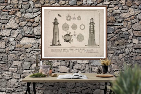 Minot's Ledge Lighthouse Blueprint - Massachusetts Lighthouse, Lighthouse Print, Maritime Poster, Beach House Decor, Lighthouse Poster