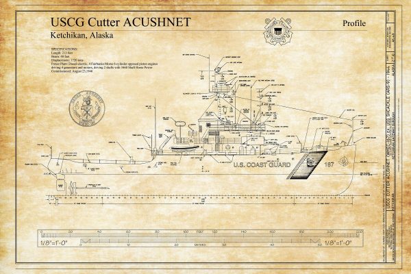 USCGC Acushnet Blueprint 1943 - Ship Blueprint, Ship Drawing, Boat Blueprint, Old Ship Blueprint, Sail Ship Poster, Coast Guard Cutter