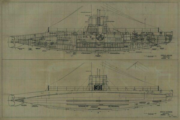 USS H-3 Submarine Blueprint - Nautical Poster, Ship Blueprint, Submarine Drawing, Battleship Blueprint, Old Sub Blueprint, Navy Blueprint