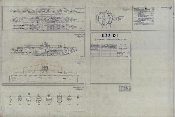 USS G-1 Submarine Blueprint - Nautical Poster, Ship Blueprint, Submarine Drawing, Torpedo Boat Blueprint, Old Sub Blueprint, Navy Blueprint