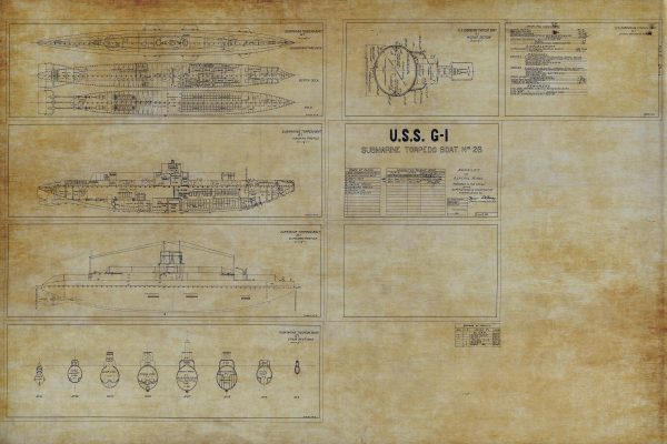 USS G-1 Submarine Blueprint - Nautical Poster, Ship Blueprint, Submarine Drawing, Torpedo Boat Blueprint, Old Sub Blueprint, Navy Blueprint