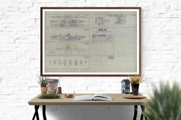 USS G-1 Submarine Blueprint - Nautical Poster, Ship Blueprint, Submarine Drawing, Torpedo Boat Blueprint, Old Sub Blueprint, Navy Blueprint