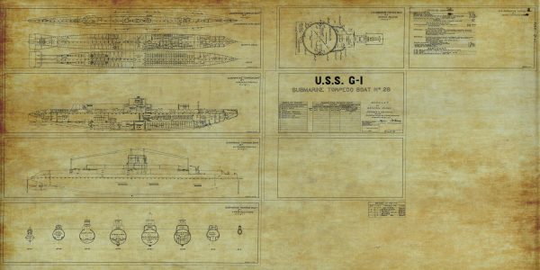 Panoramic USS G-1 Submarine Blueprint - Submarine Drawing, Nautical Poster, Ship Blueprint, Old Sub Blueprint, Navy Blueprint, Torpedo Boat