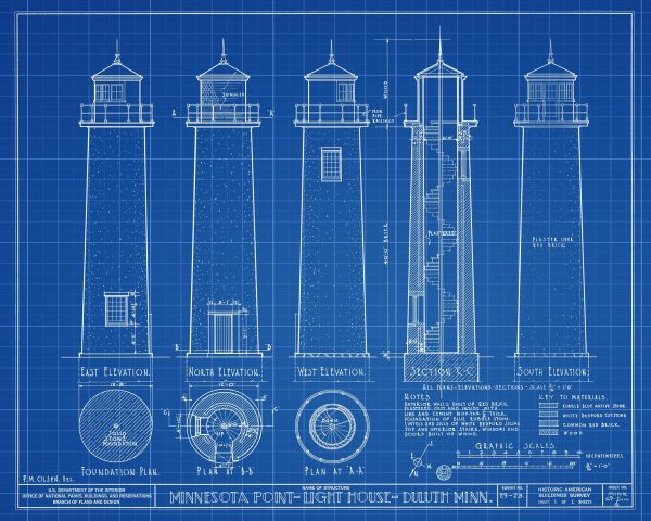 Minnesota Point Lighthouse Blueprint - Duluth Minnesota Lighthouse, Nautical Poster, Beach House Decor, Lighthouse Poster Print