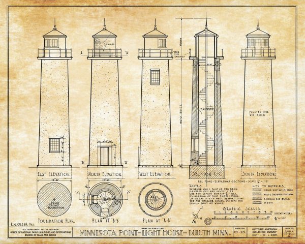 Minnesota Point Lighthouse Blueprint - Duluth Minnesota Lighthouse, Nautical Poster, Beach House Decor, Lighthouse Poster Print