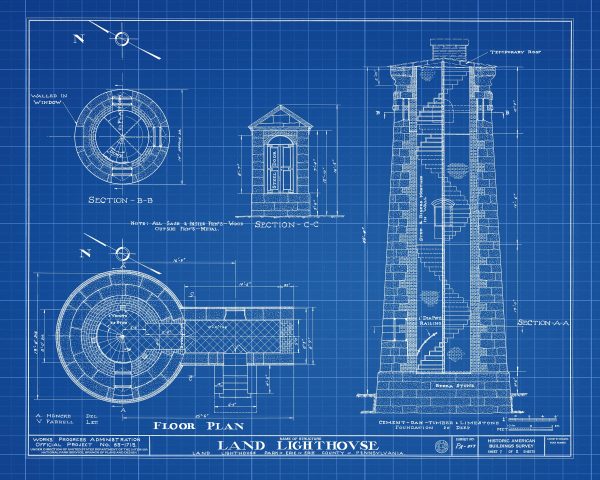 Erie Land Lighthouse Blueprint - Erie Land Light, Nautical Poster, Beach House Decor, Lighthouse Poster Print, Old Presque Isle Lighthouse