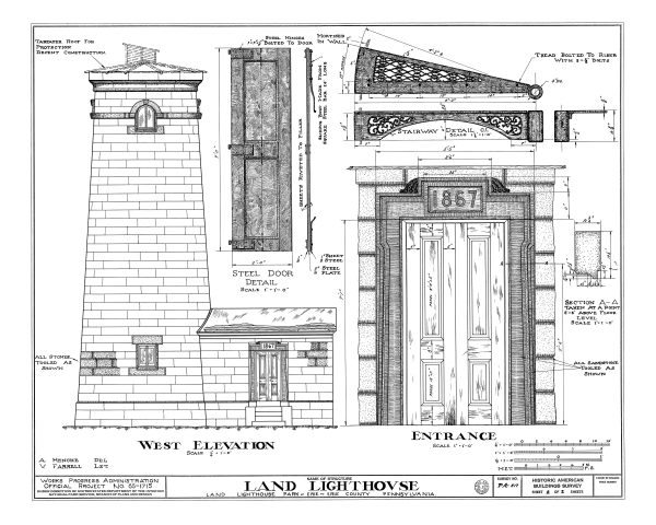 Erie Land Lighthouse Detail Blueprint - Nautical Poster, Beach House Decor, Lighthouse Poster Print, Old Presque Isle Lighthouse