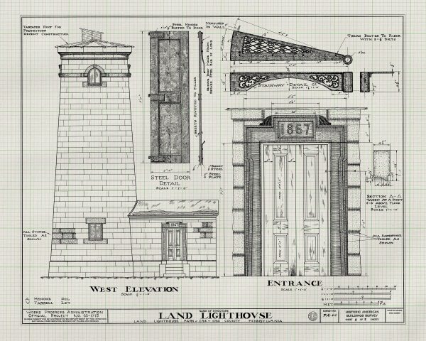 Erie Land Lighthouse Detail Blueprint - Nautical Poster, Beach House Decor, Lighthouse Poster Print, Old Presque Isle Lighthouse