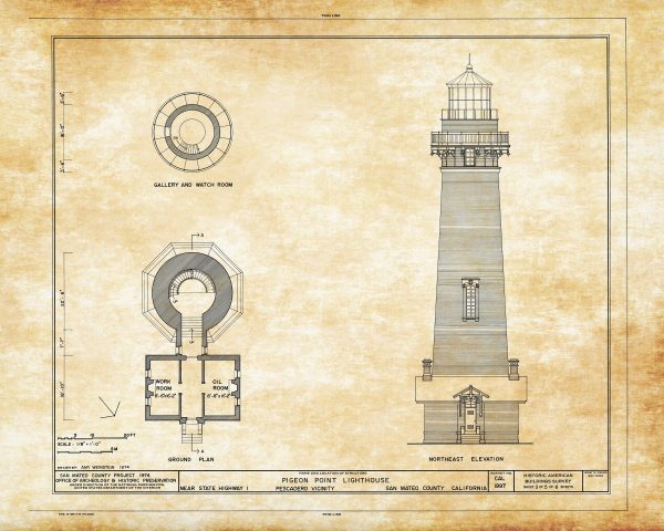 Pigeon Point Lighthouse Blueprint - Lighthouse Print, Nautical Poster, Beach House Decor, Lighthouse Poster, Pigeon Point Light Station