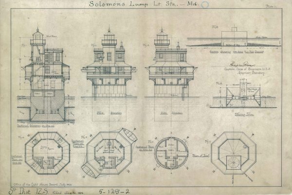 Solomons Lump Lighthouse Blueprint - Chesapeake Bay Lighthouse, Lighthouse Print, Maritime Poster, Beach House Decor, Lighthouse Poster