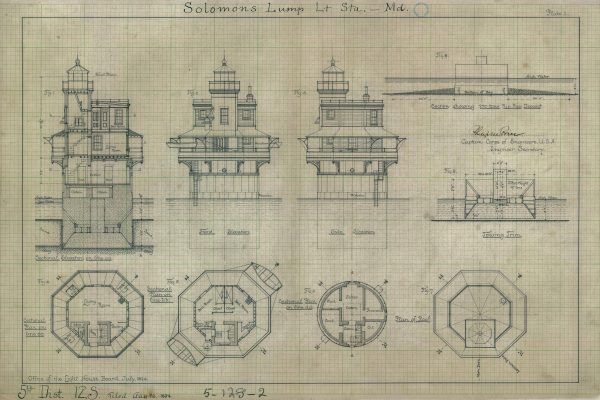 Solomons Lump Lighthouse Blueprint - Chesapeake Bay Lighthouse, Lighthouse Print, Maritime Poster, Beach House Decor, Lighthouse Poster