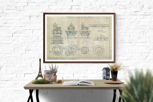 Solomons Lump Lighthouse Blueprint - Chesapeake Bay Lighthouse, Lighthouse Print, Maritime Poster, Beach House Decor, Lighthouse Poster