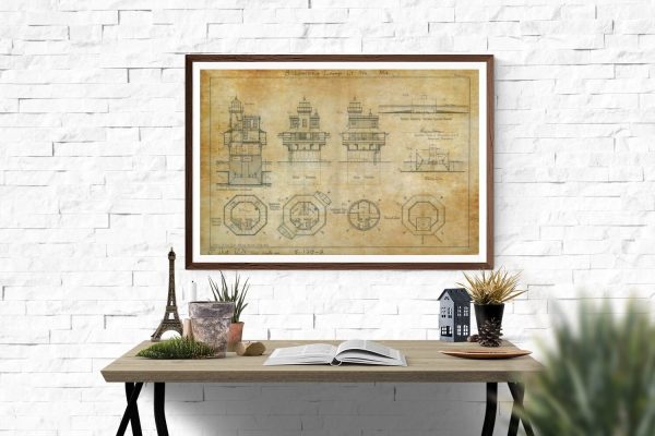 Solomons Lump Lighthouse Blueprint - Chesapeake Bay Lighthouse, Lighthouse Print, Maritime Poster, Beach House Decor, Lighthouse Poster