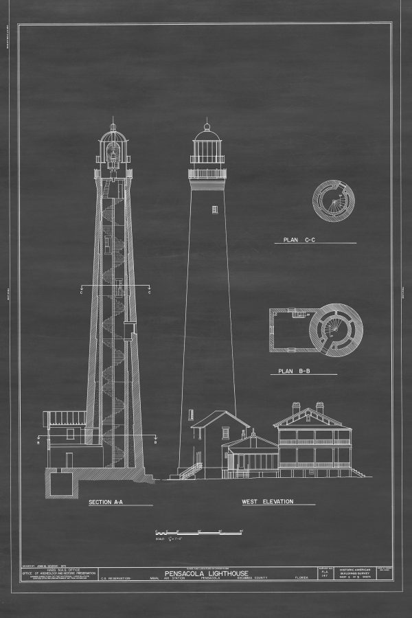 Pensacola Light Lighthouse Blueprint - Lighthouse Print, Maritime Poster, Beach House Decor, Lighthouse Poster, Pensacola Bay Lighthouse