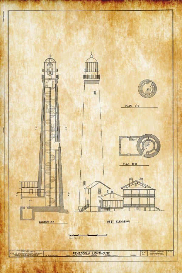 Pensacola Light Lighthouse Blueprint - Lighthouse Print, Maritime Poster, Beach House Decor, Lighthouse Poster, Pensacola Bay Lighthouse