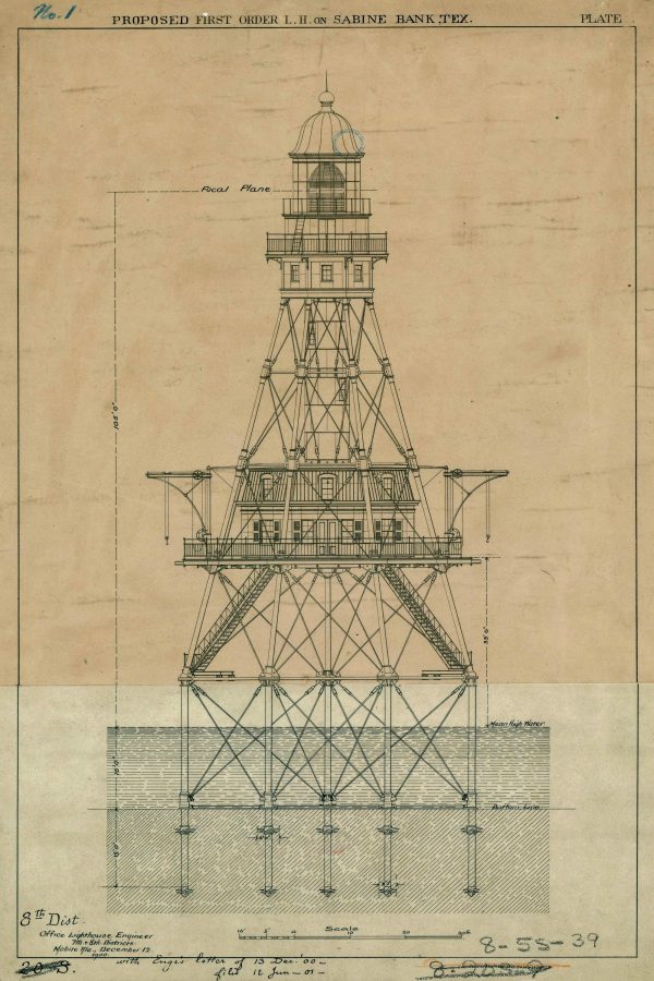 Sabine Bank Lighthouse Blueprint - Gulf of Mexico Lighthouse, Lighthouse Print, Maritime Poster, Beach House Decor, Lighthouse Poster