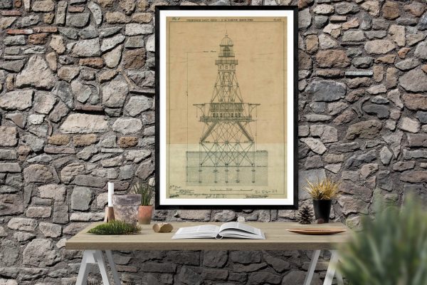 Sabine Bank Lighthouse Blueprint - Gulf of Mexico Lighthouse, Lighthouse Print, Maritime Poster, Beach House Decor, Lighthouse Poster