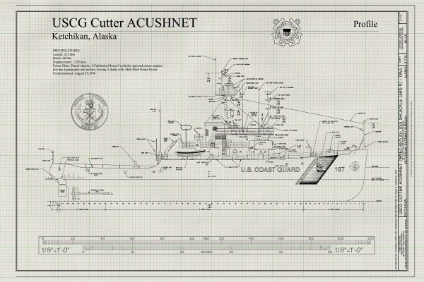 USCGC Acushnet Blueprint 1943 - Ship Blueprint, Ship Drawing, Boat Blueprint, Old Ship Blueprint, Sail Ship Poster, Coast Guard Cutter